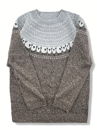 Pull femme en tricot épais gris, motif jacquard mouton à col rond