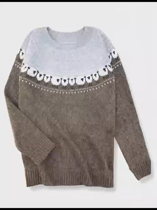 Pull femme en tricot épais gris, jacquard mouton, col rond et manches longues