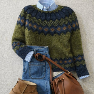 Pull-over en tricot nordique Fair Isle vert et bleu, col côtelé rayé, manches longues