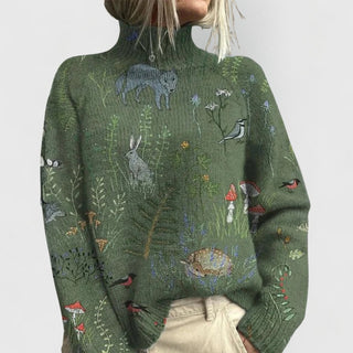 Pull en tricot vert à col montant, imprimé botanique et oiseaux, coupe ample manches longues