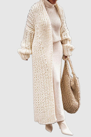 Cardigan long en tricot épais beige à manches ouvertes, col haut, femme
