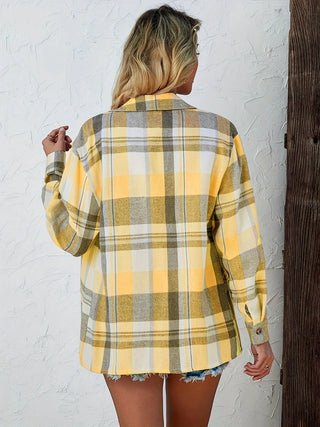 Cardigan chemise à carreaux flanelle surdimensionné jaune/gris, boutonné, manches longues