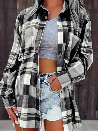 Cardigan chemise à carreaux flanelle surdimensionné noir et blanc, boutonné, manches longues