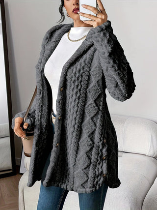 Cardigan long en peluche gris foncé, à capuche, manches longues, boutons sur le devant