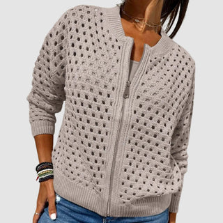 Gilet zippé en tricot ajouré beige, zip central, bord-côtes côtelés.