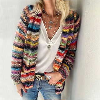 Cardigan en tricot multicolore à rayures, coupe décontractée, manches longues
