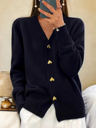 Gilet en tricot bleu marine à col V décontracté, boutons dorés en forme de cœur