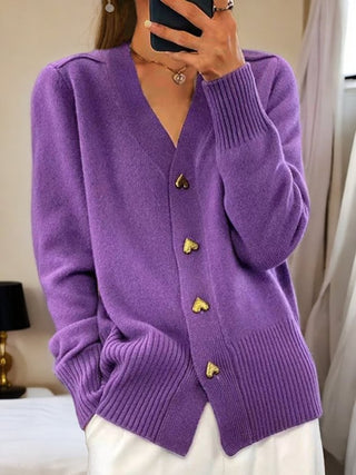 Gilet en tricot violet à col V décontracté, boutons dorés en forme de cœur