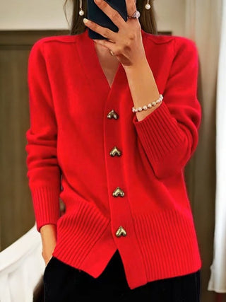 Gilet en tricot rouge à col V décontracté, boutons dorés en forme de cœur