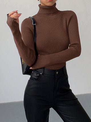 Pull léger en maille côtelée à col roulé, couleur marron foncé, manches longues.