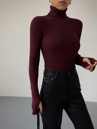 Pull léger en maille côtelée à col roulé, couleur rouge vin, manches longues.