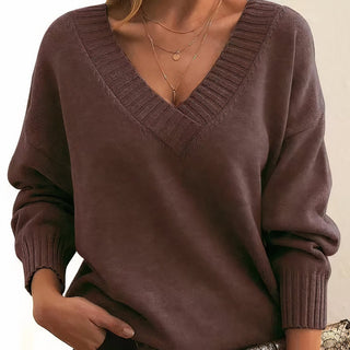 Pull femme marron en tricot, col V côtelé, manches longues bouffantes et poignets côtelés