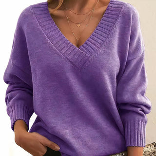 Pull tricoté Charlotte violet à col V, manches longues, coupe relax