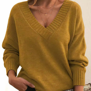 Pull femme jaune moutarde en tricot, col V côtelé, manches longues bouffantes, poignets côtelés