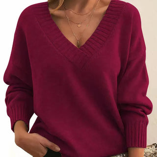 Pull femme rouge bordeaux en tricot, col V côtelé, manches longues bouffantes, poignets côtelés