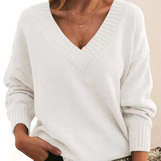 Pull femme blanc en tricot, col V côtelé, manches longues bouffantes et poignets côtelés
